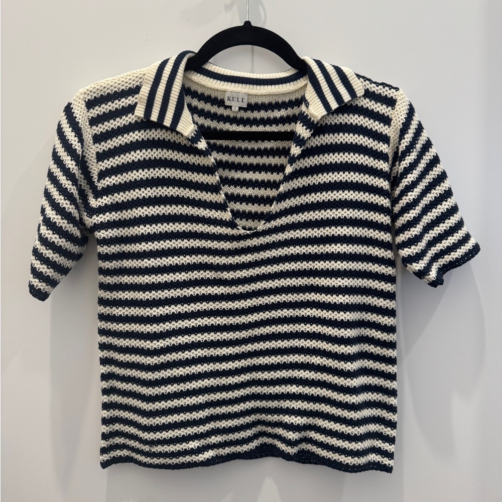 Kule The Lucie Sweater Crochet Polo Top Cream/Navy
